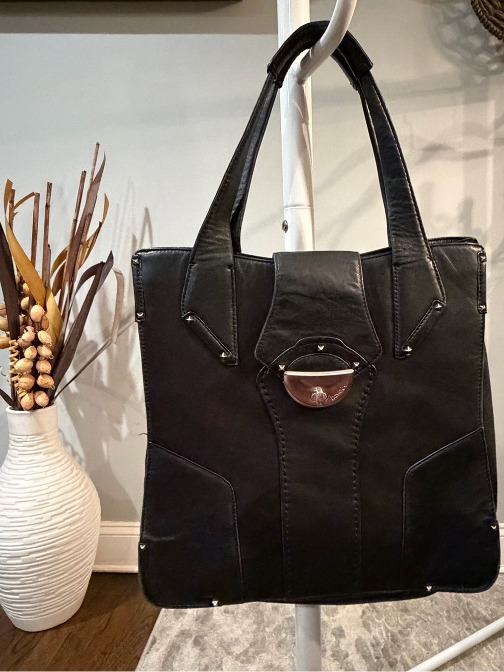 Botkier Black Leather Structured Tote with Polished Closure